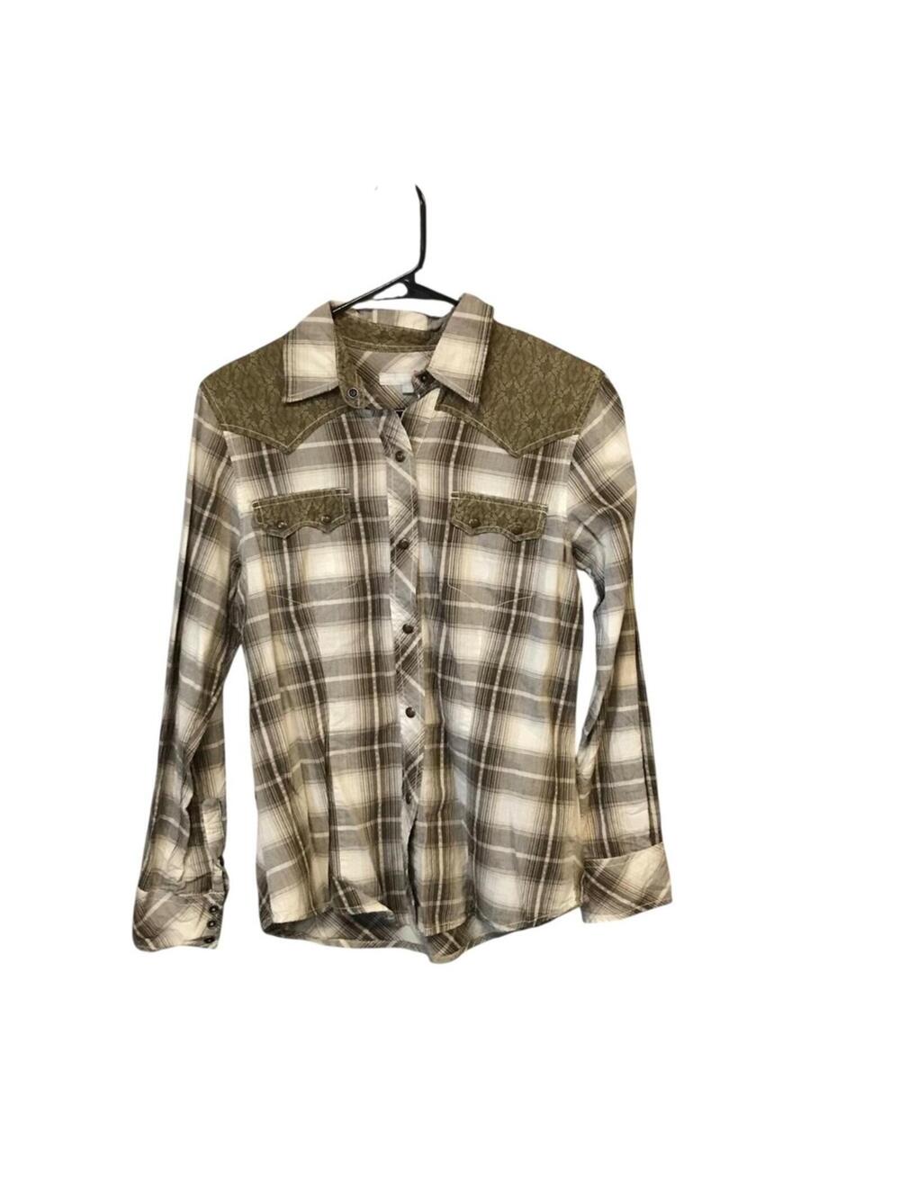 Tin Haul cowgirl pearl snap shirt women S brown green Plaid floral western